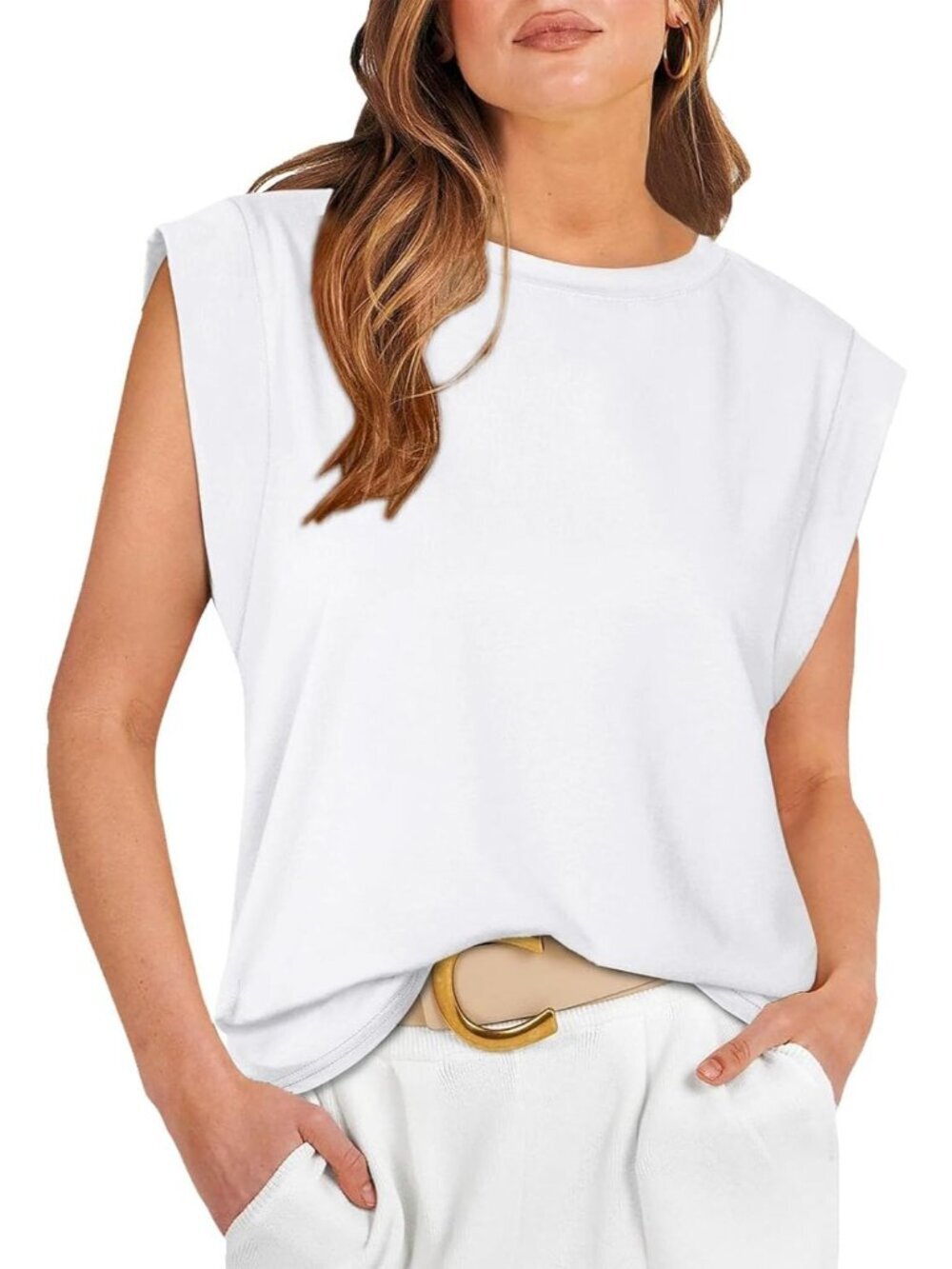 Women's White Pull On Cap Sleeve Tank Tops Sleeve Striped Business Basic Shirts